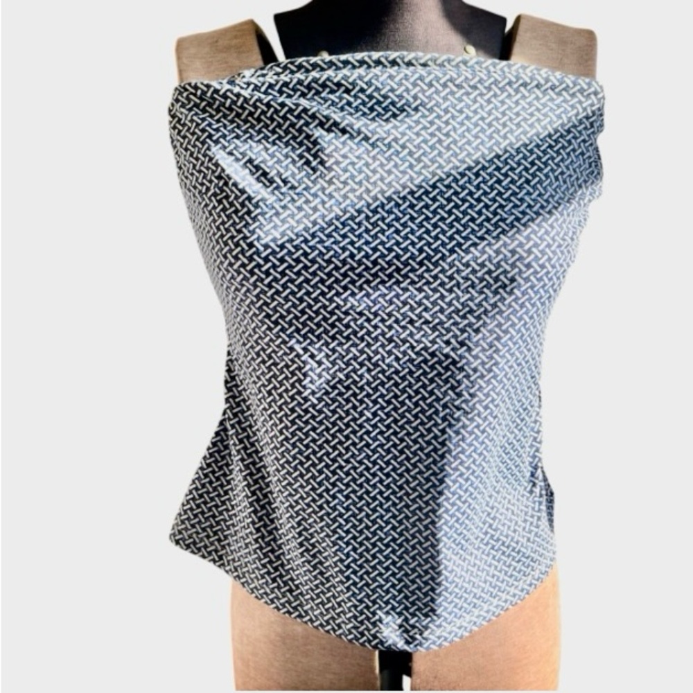 J.McLaughlin Blue & White Geometric Strapless Smocked Top Small